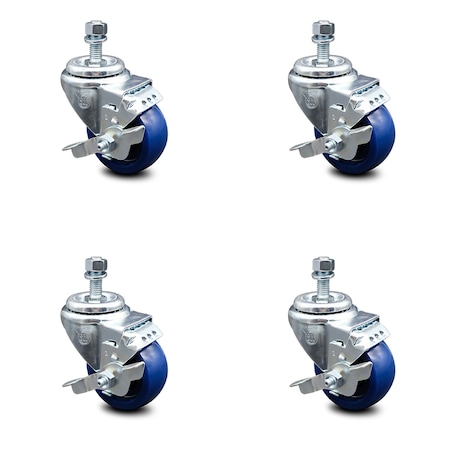 Service Caster 3 Inch Solid Polyurethane Swivel 12mm Threaded Stem Caster Set with Brake SCC-TS20S314-SPUS-TLB-M1215-4